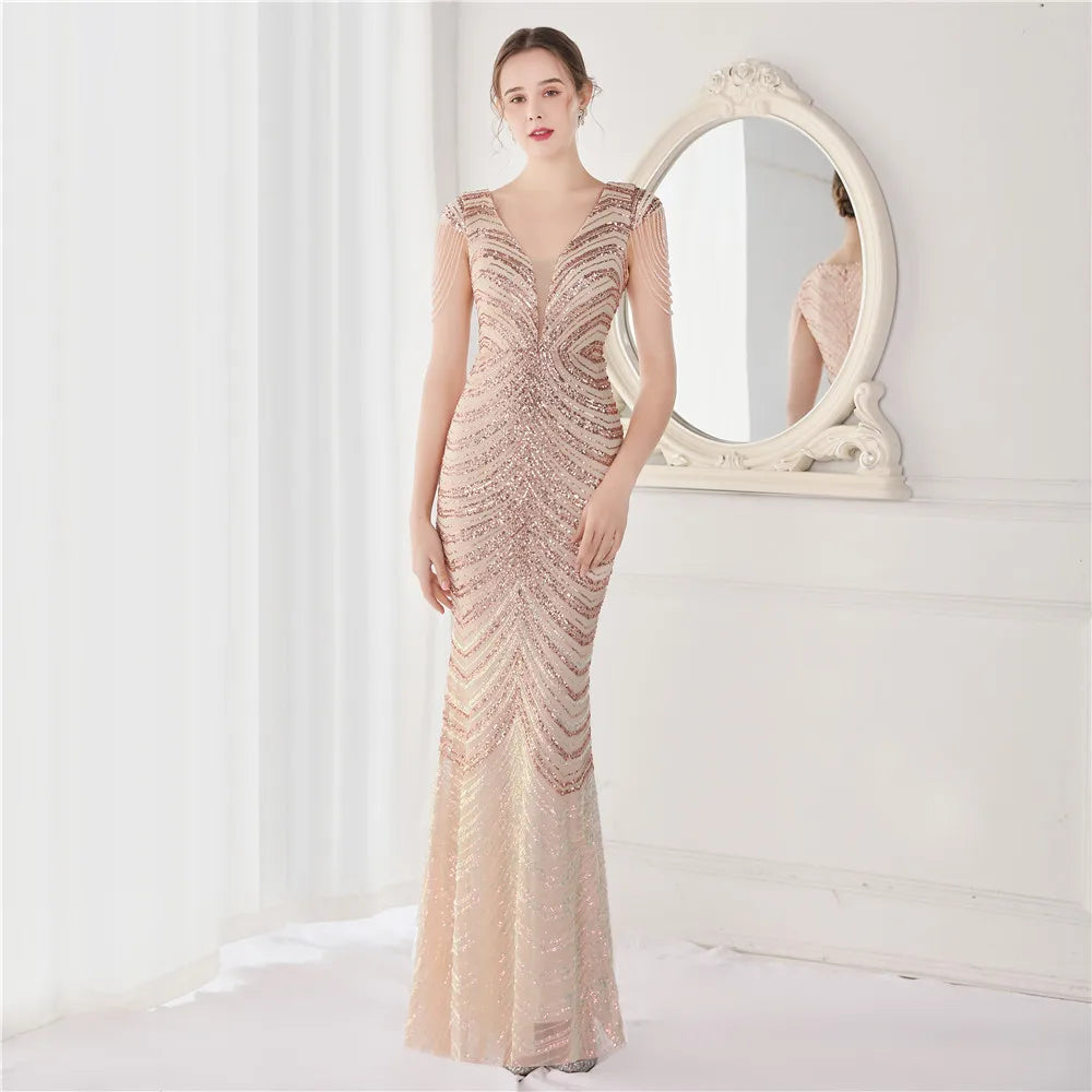 DEERVEADO Elegant V Neck Mermaid Evening Dress Long Luxury Beads Women Evening Party Dresses New Formal Dress 19085