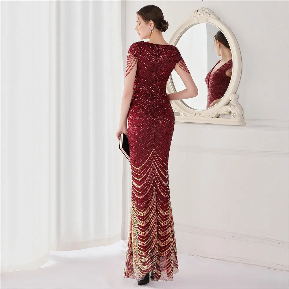 DEERVEADO Elegant V Neck Mermaid Evening Dress Long Luxury Beads Women Evening Party Dresses New Formal Dress 19085