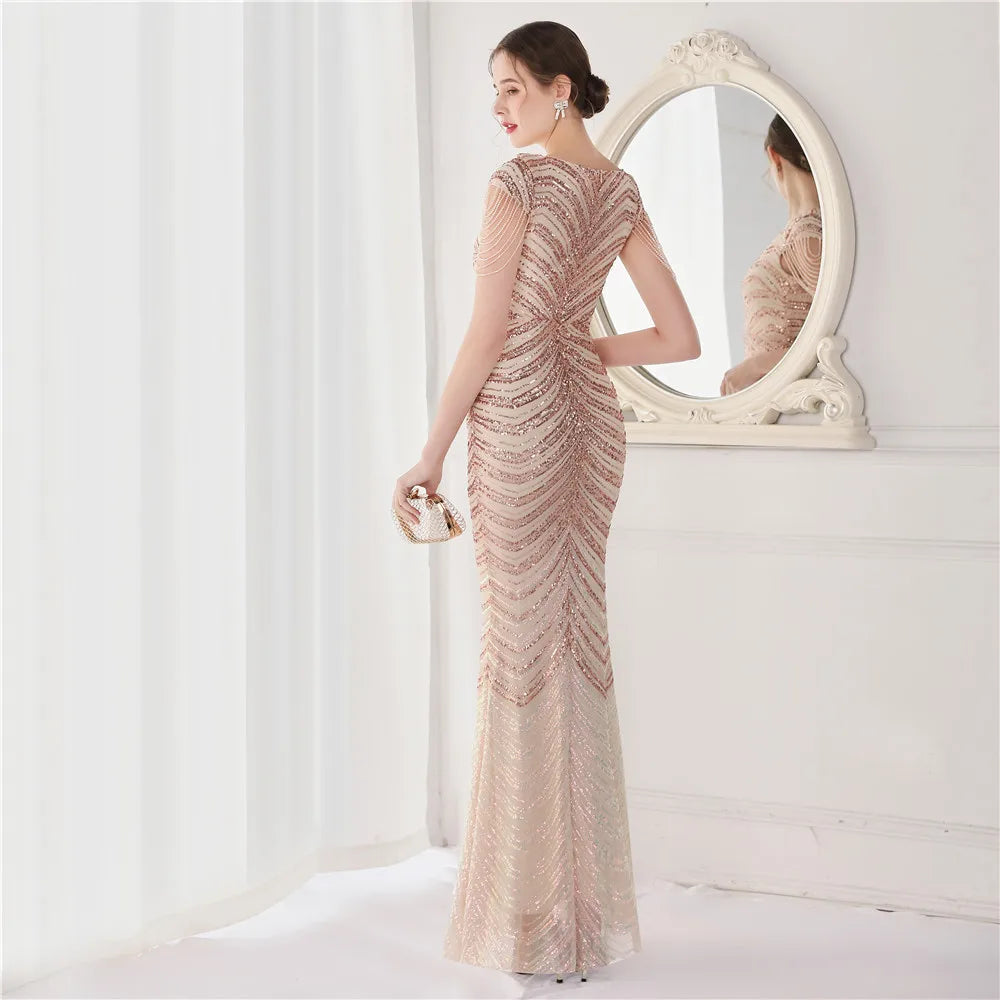 DEERVEADO Elegant V Neck Mermaid Evening Dress Long Luxury Beads Women Evening Party Dresses New Formal Dress 19085