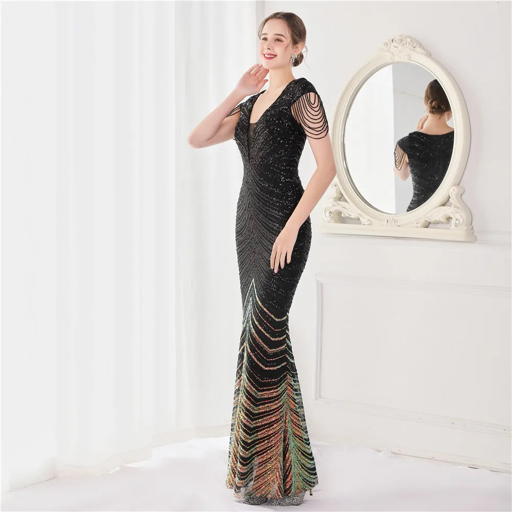 DEERVEADO Elegant V Neck Mermaid Evening Dress Long Luxury Beads Women Evening Party Dresses New Formal Dress 19085