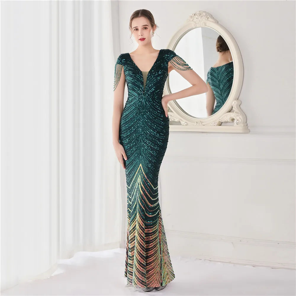 DEERVEADO Elegant V Neck Mermaid Evening Dress Long Luxury Beads Women Evening Party Dresses New Formal Dress 19085