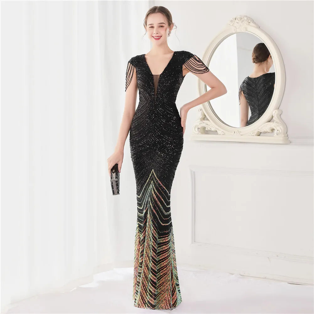 DEERVEADO Elegant V Neck Mermaid Evening Dress Long Luxury Beads Women Evening Party Dresses New Formal Dress 19085