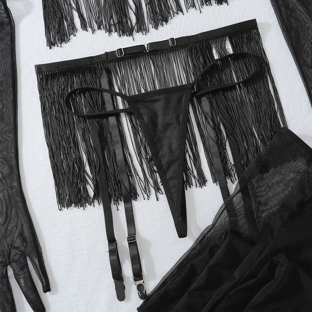 Ellolace Tassel Porn Erotic Lingerie 8-Piece Transparent Ultra Sexy Adult Costume with Garter Outfit Call The Night Sex Suit