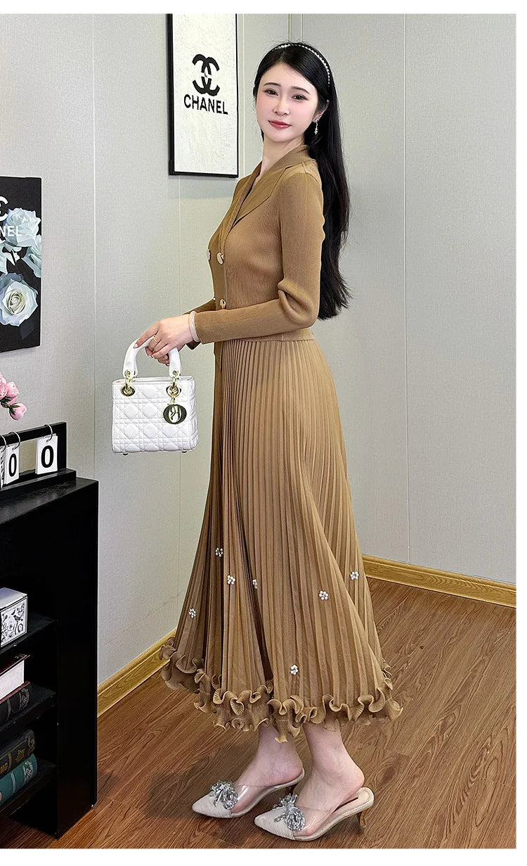 EGRM Miyake Pleated Long Dress Autumn Hot Sale Women's Double Breasted Waist Cinching Slimming High-end Stylish Versatile Skirt