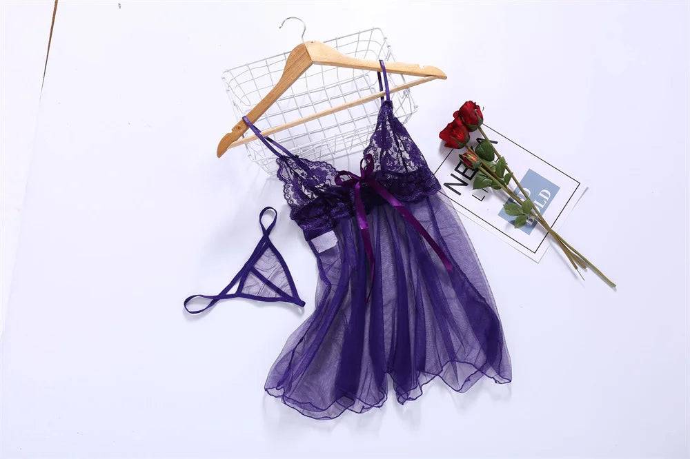Sexy Lingerie Women Crotchless Sleepwear Pajamas Lace Night Dress Exotic Female Underwear Nightgown G-string Erotic Costumes