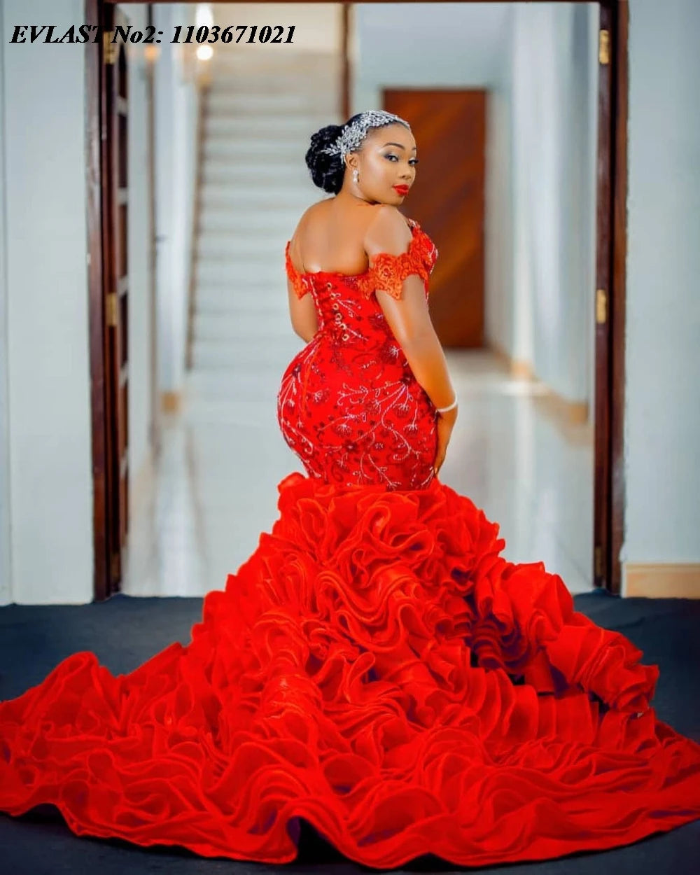 EVLAST Customized Luxury African Red Ruffles Prom Dress For Black Girls Applique Beading Formal Party Dress Evening Gown E2P79