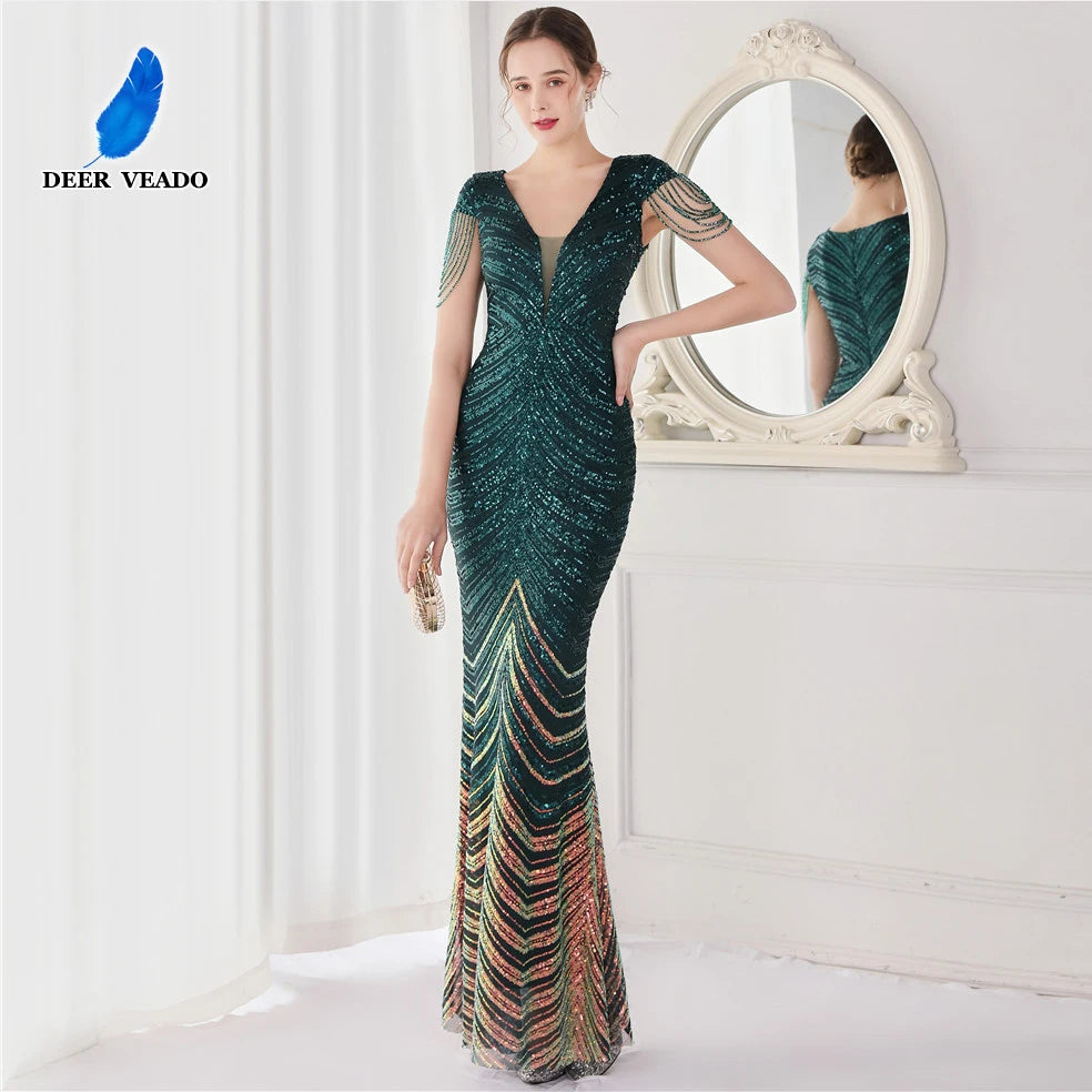 DEERVEADO Elegant V Neck Mermaid Evening Dress Long Luxury Beads Women Evening Party Dresses New Formal Dress 19085