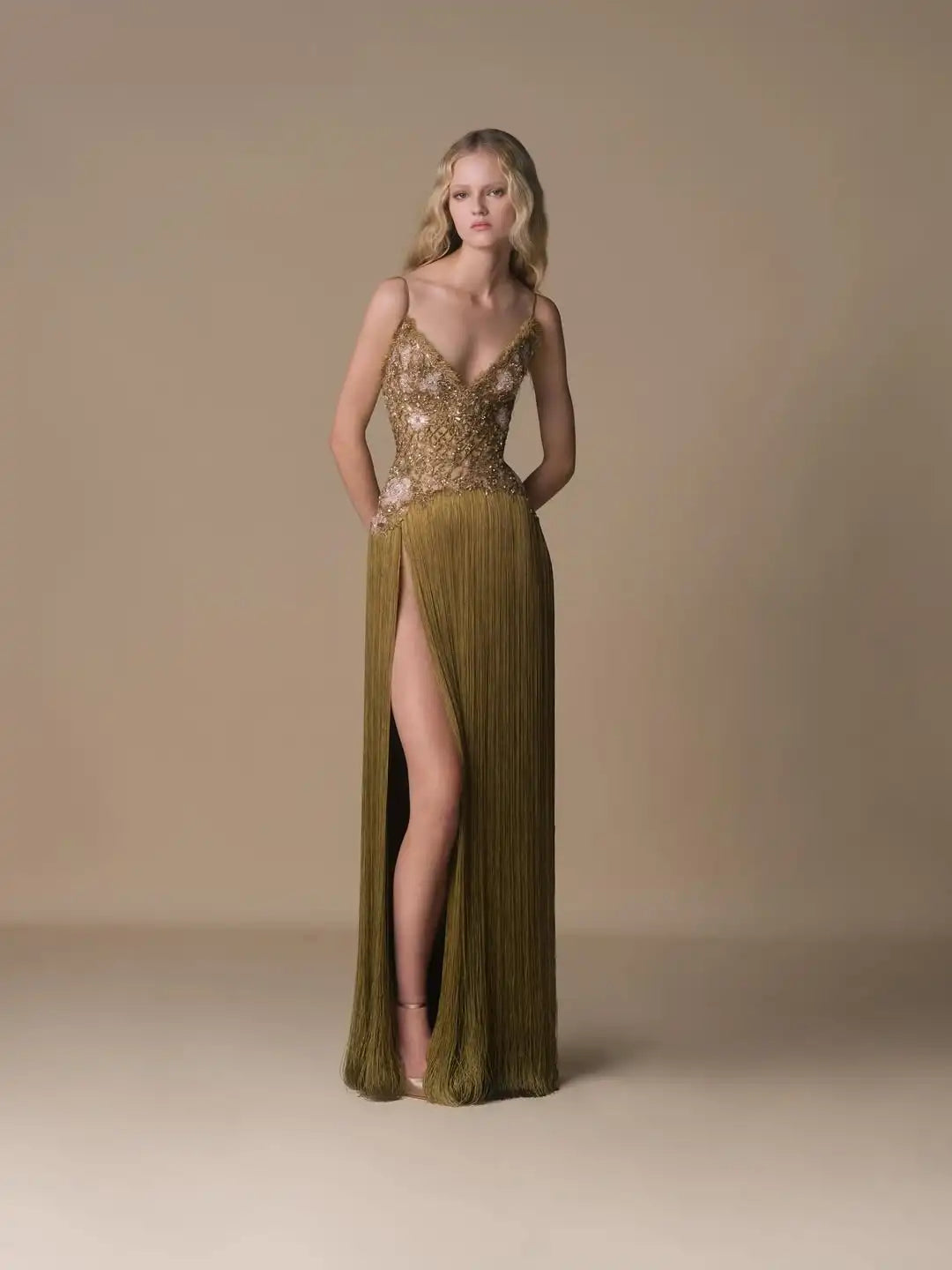 New Design Elegant Spaghetti Strap Floral Beaded Fringe Mesh High Slit Bodycon Mermaid Evening Prom Formal Party Dress