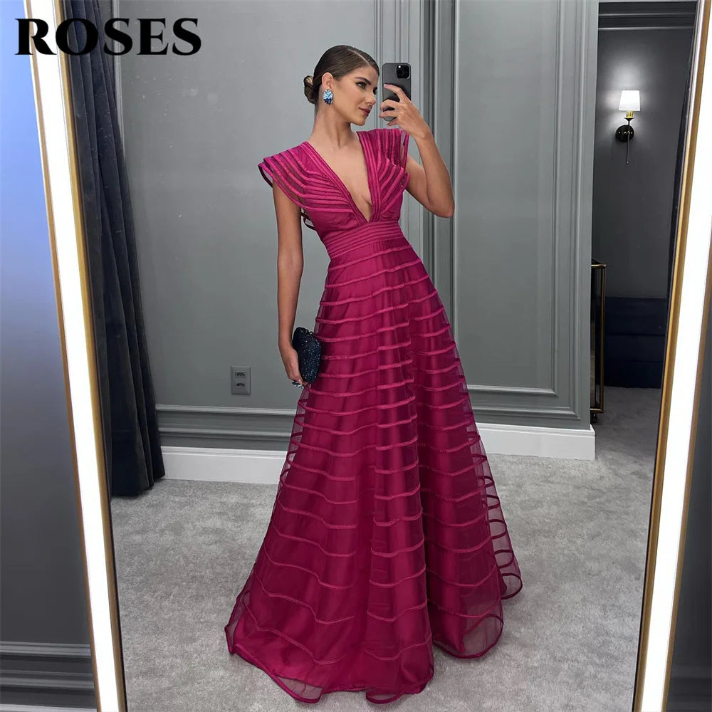 ROSES A Line Fuchsia Formal Dresses Pleat Sleeveless Prom Gown for Woman Deep V Neck Wedding Party Dress robe de bal Customized