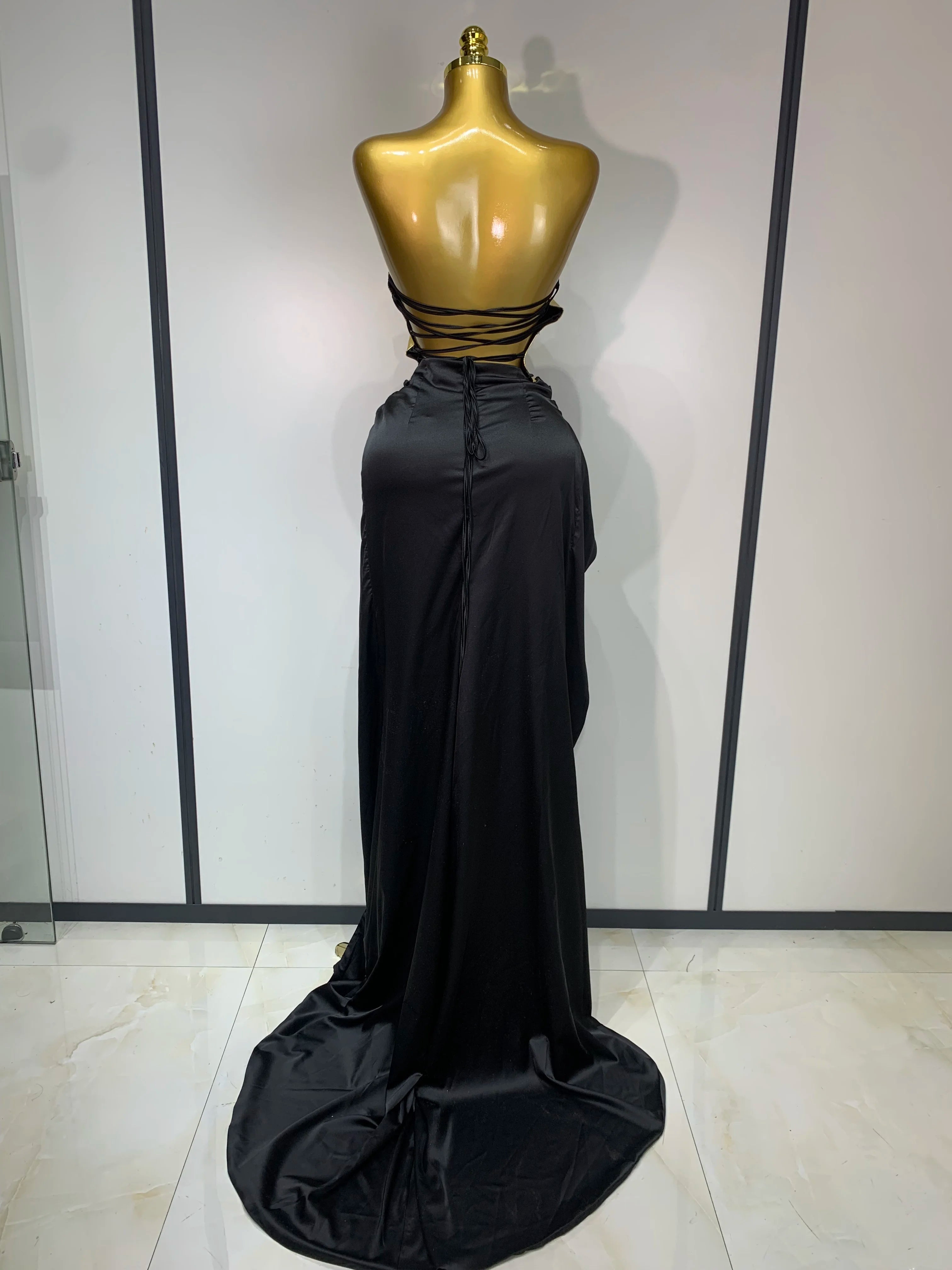 New Arrival Women Gold Color Sexy Laced-up Tops 2 Pieces Set Long Dress Celebrate Evening Party Celebrity Elegant Dress