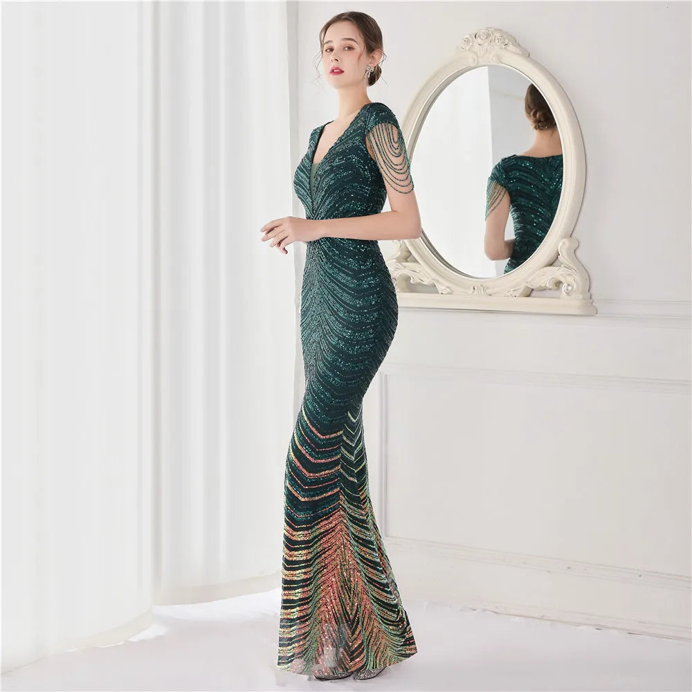 DEERVEADO Elegant V Neck Mermaid Evening Dress Long Luxury Beads Women Evening Party Dresses New Formal Dress 19085