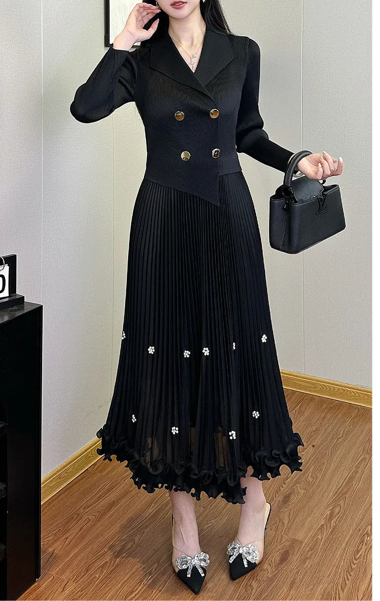 EGRM Miyake Pleated Long Dress Autumn Hot Sale Women's Double Breasted Waist Cinching Slimming High-end Stylish Versatile Skirt