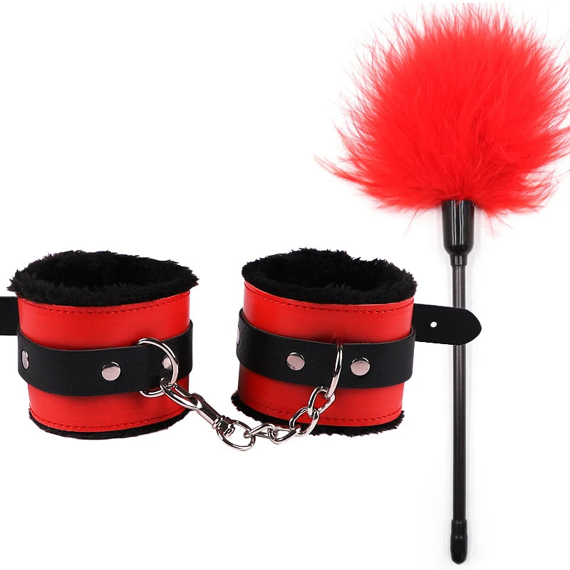 Sex Toys For Women Bdsm Set Sexy Leather Plush Sex Toys Bondage Kit Handcuffs Feather Blindfold Fetish Flirt Goods For Adults
