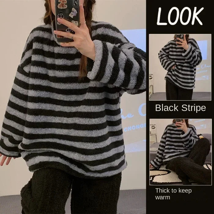 Warm Sleepwear for Winter Thickened Flannel Women Pajamas Homewear Striped Top and Pants Plus Size Cute Two-Piece Sleepwear Set