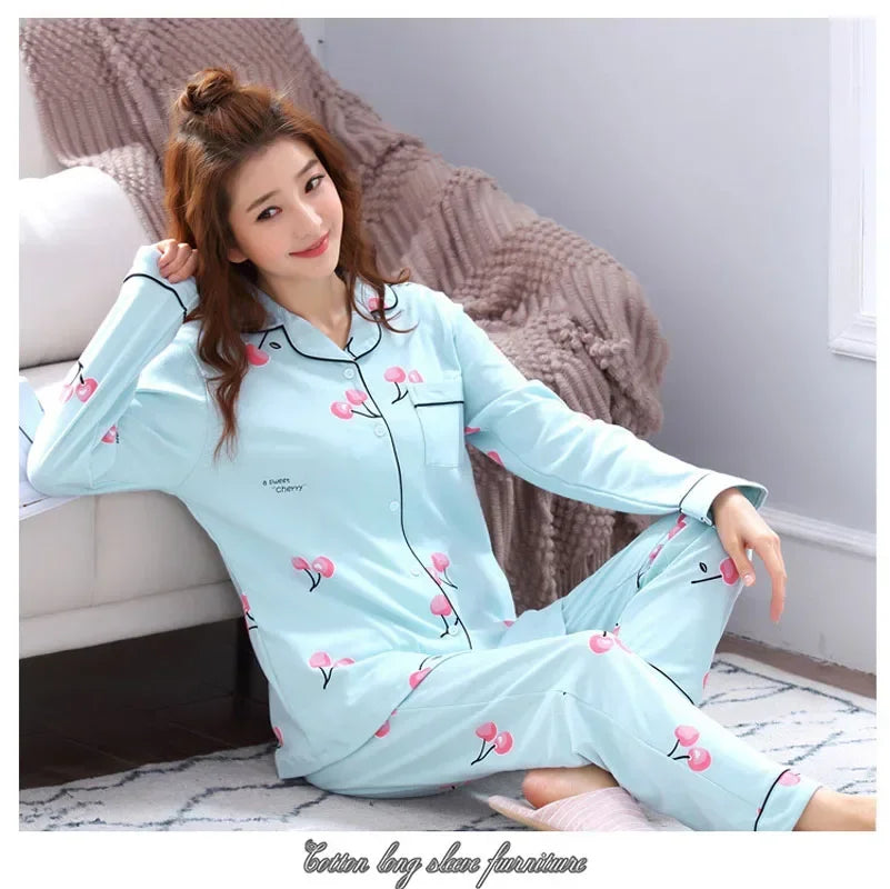 Four Seasons Women Pajamas Set with Lapel Top and Long Pants Checkered Striped Printed 2 Piece Set Ladies Nightwear Homewear