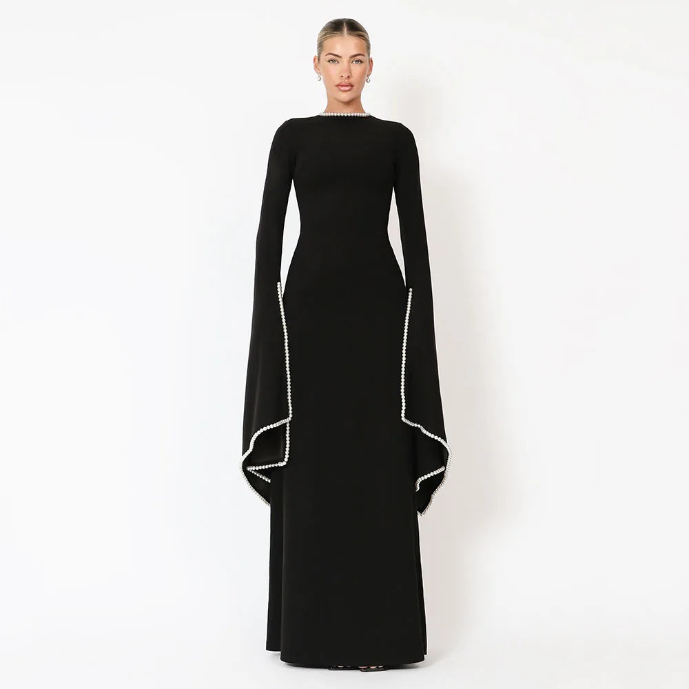 Modest Wedding Guest Dress Black O Neck A Line Elegant Formal Party Gowns for Women Pearls Long Sleeves Evening Dresses