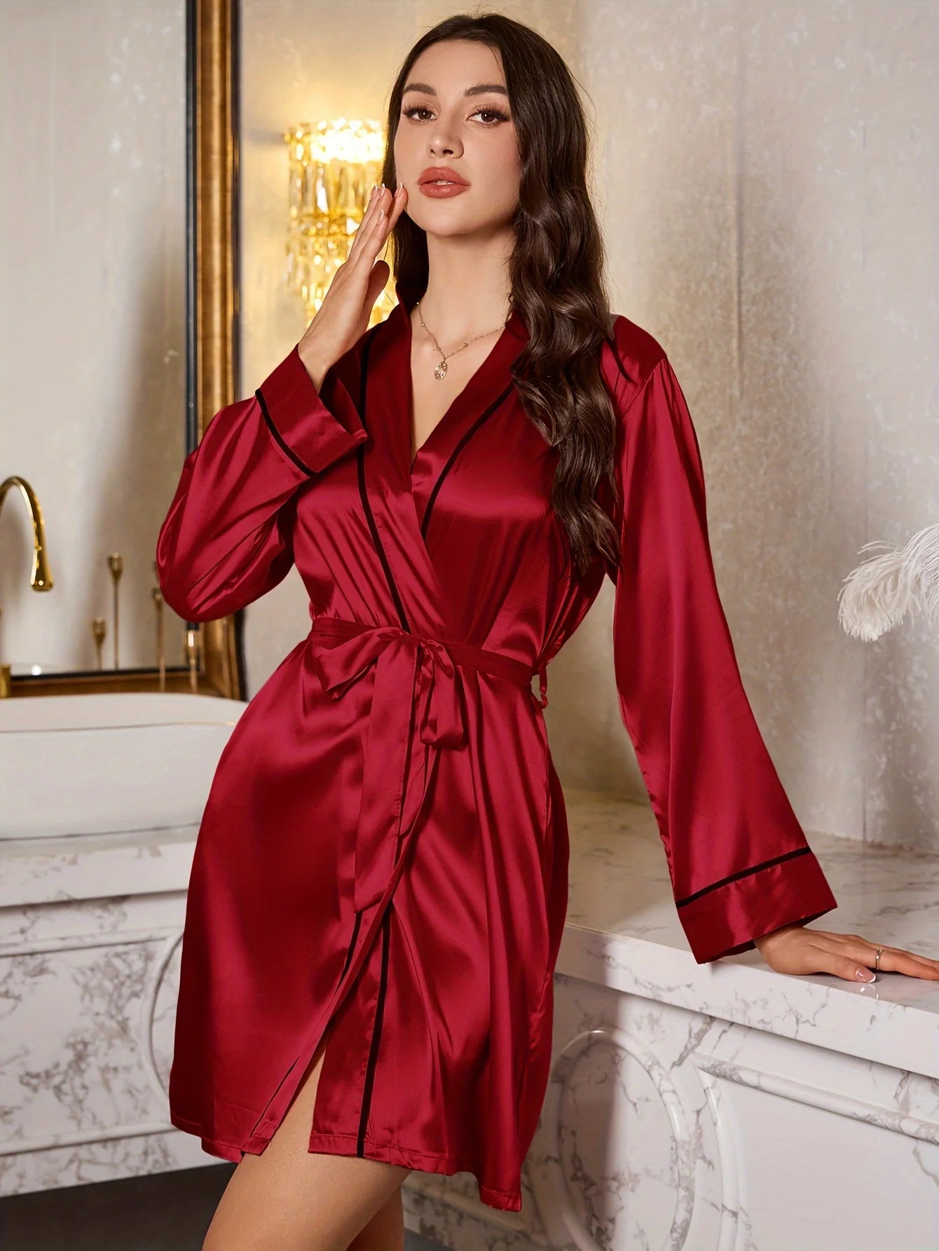 1 Women's Elegant Romantic Short Nightgown, Solid Color Soft Silk Pajamas, Cool and Comfortable Belted Robe, Essential for Home