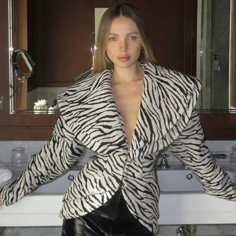 Fashion Zebra Printing Women's Jacket Skirts Suit V-Neck Waist-Closed Lady Sets Elegant 2 Pieces Set Women Outfits