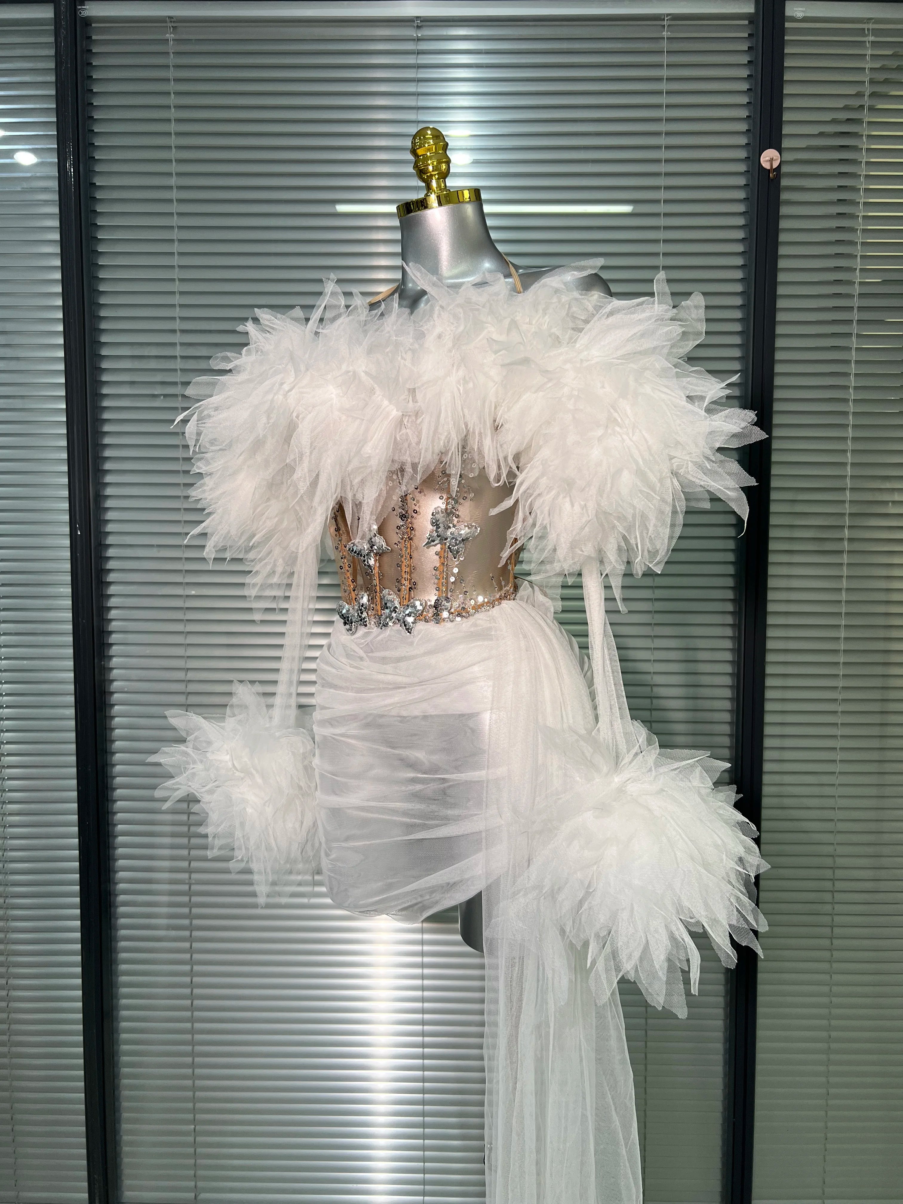 Women Sexy Two Pieces Set Celebrity Sky Blue White Purple Mesh Night Club Sheer Skirt Suits Stage Performance Costume