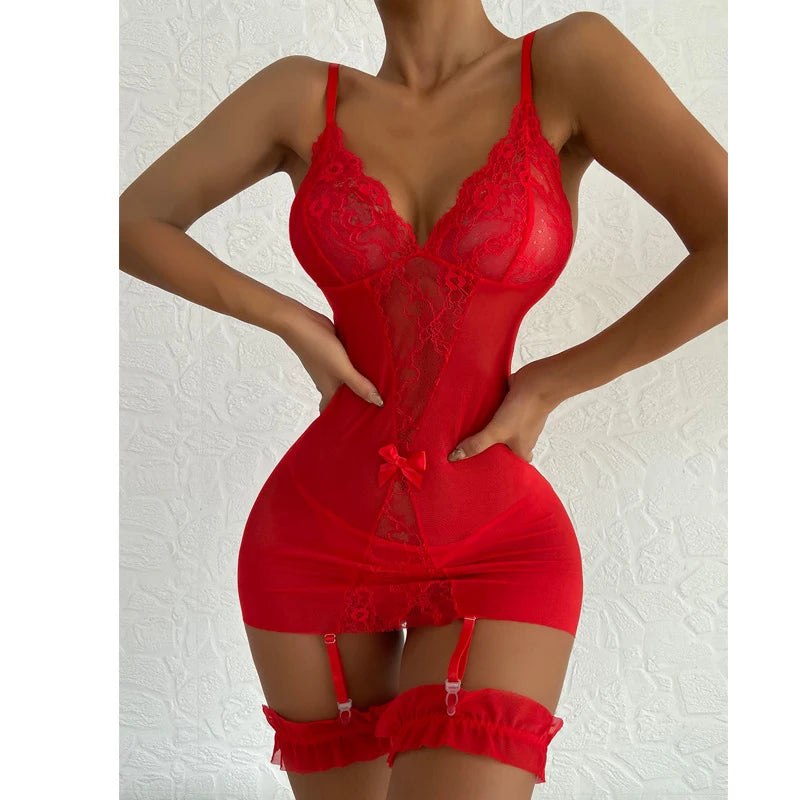 Sexy Transparent V-neck Lace Up Evening Lingerie Women Underwear Doll Pornographic Erotic Dress Seductive Skirt Garter Belt Sets
