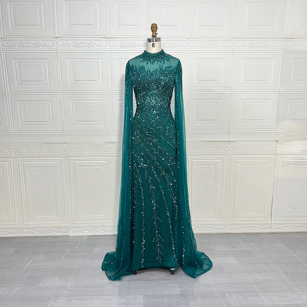 Luxury Mermaid Beaded Cape Sleeves High-Neck Evening Dresses Party Gowns for Women Wedding Customized