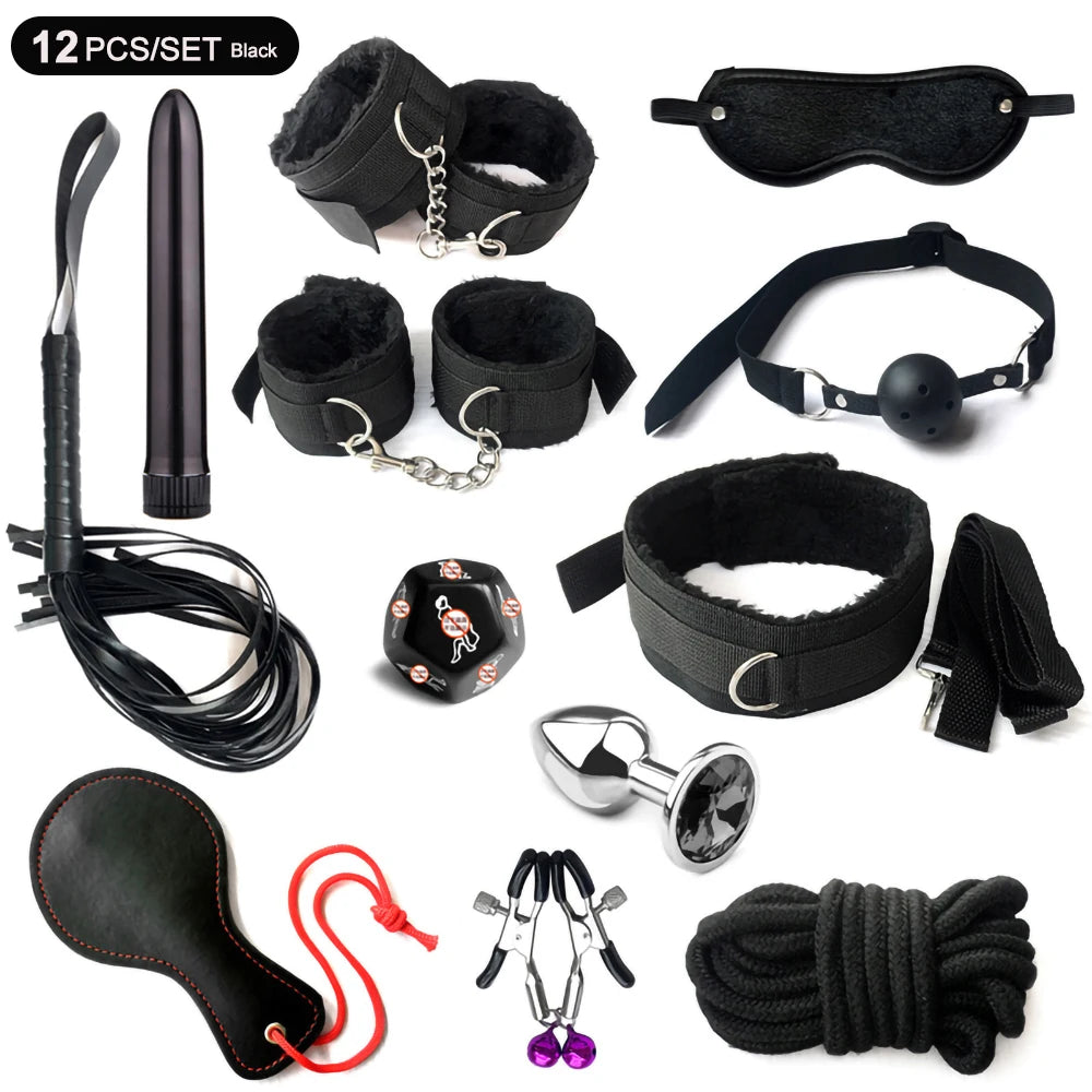 BDSM Adult Sexy Toys For Women Handcuffs Whip Anal Nipple Clamp Blindfold Strap On Vibrator Sex Bondage Set Sexual Couples Kit18