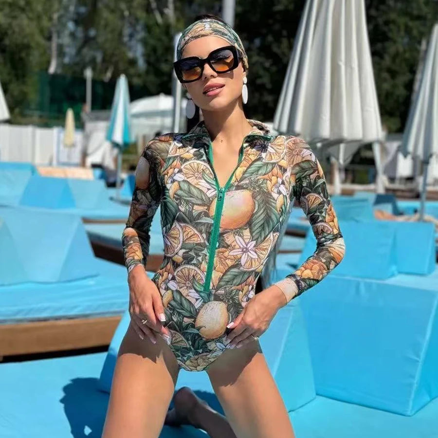 10 Colors UPF 35+ Retro Long Sleeve Swimwear Bodysuit High-end Mesh One Piece Swimsuit Women 2025 Sexy High Cut Bathing Suit