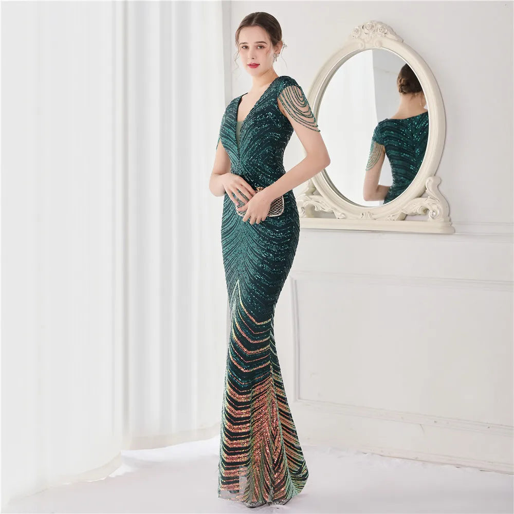 DEERVEADO Elegant V Neck Mermaid Evening Dress Long Luxury Beads Women Evening Party Dresses New Formal Dress 19085