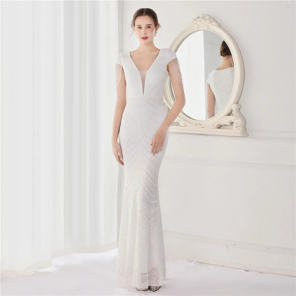DEERVEADO Elegant V Neck Mermaid Evening Dress Long Luxury Beads Women Evening Party Dresses New Formal Dress 19085