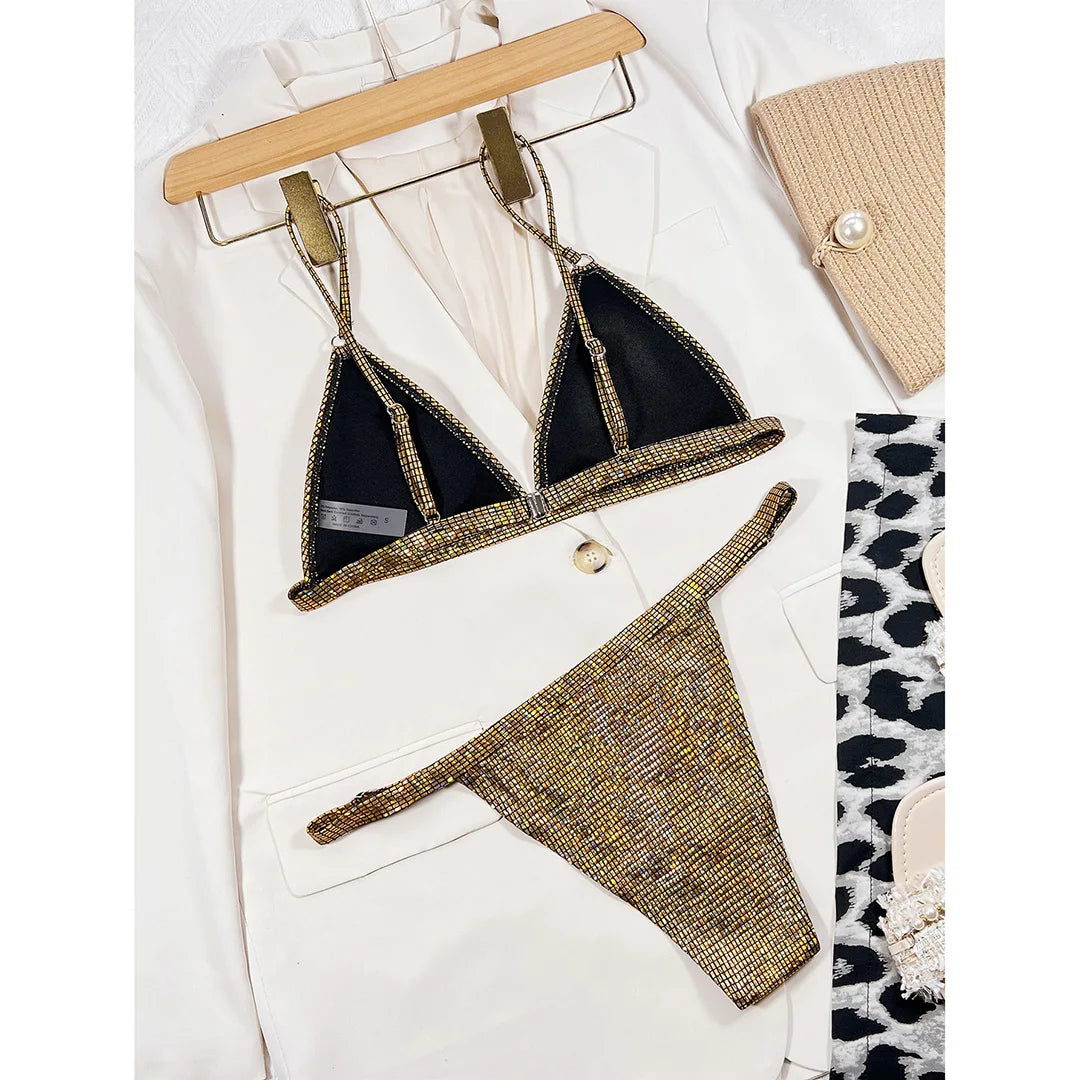 S - XL Sexy Shiny Sequins High Leg Cut Bikini Female Swimsuit Women Swimwear Two-piece Bikini set Bather Bathing Suit Swim V3862