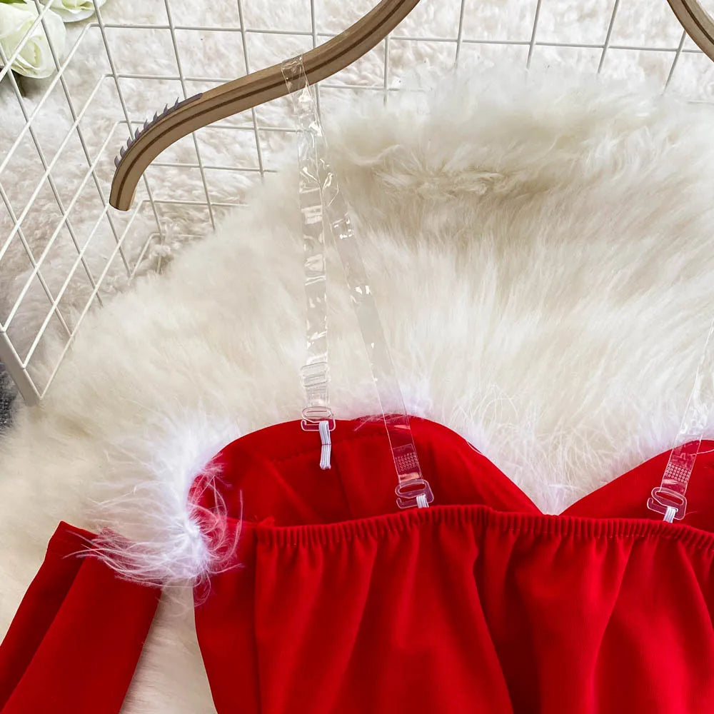 Foamlina Women's Christmas Dress Sexy Low-cut Waist Thin Big Pendulum Fluffy Splicing Suspender Tube Ling Dress Red