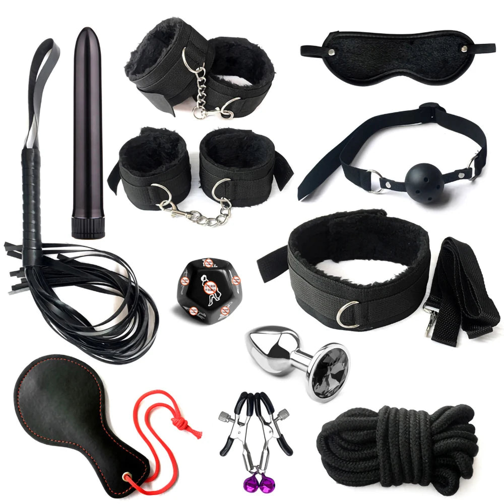 BDSM Adult Sexy Toys For Women Handcuffs Whip Anal Nipple Clamp Blindfold Strap On Vibrator Sex Bondage Set Sexual Couples Kit18