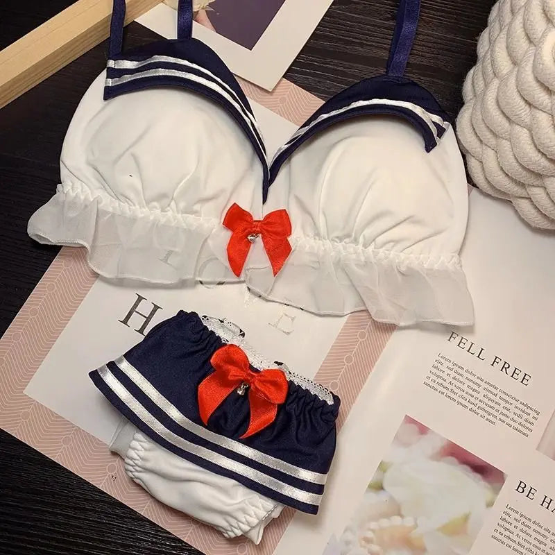 Women's bra set Japanese loli underwear female soft girl navy sweet cute without steel ring teenage sailor suit bra set