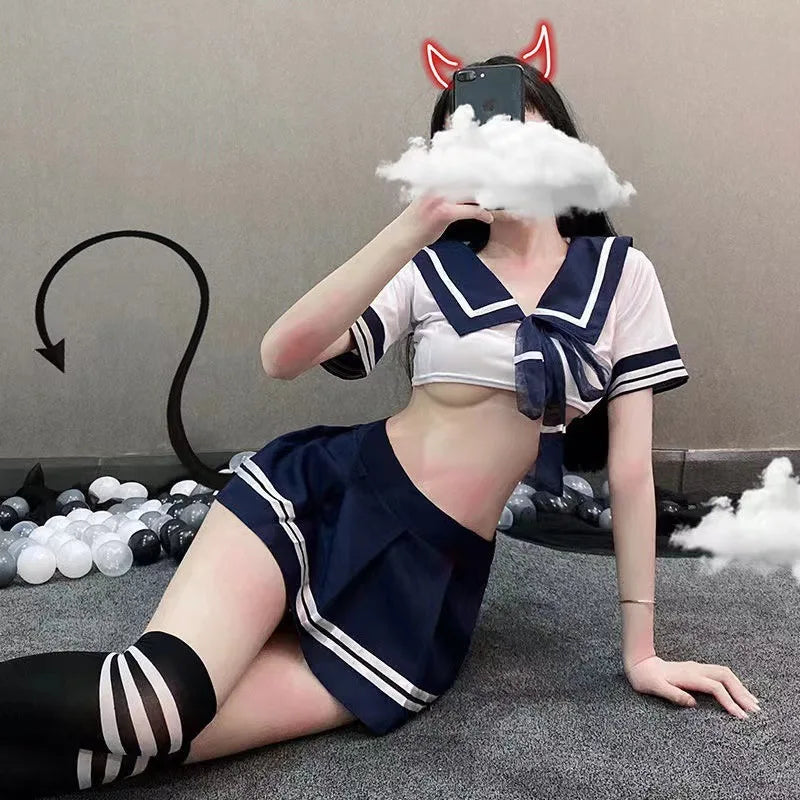 Cosplay Lingerie School Student Uniform Role Play Costume Women Cute Mini Skirt Tight Blouse Set Porn College Girl Cos Anime