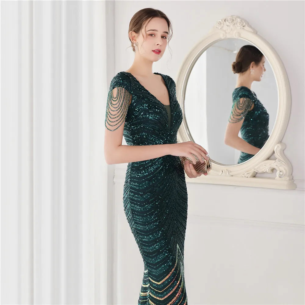 DEERVEADO Elegant V Neck Mermaid Evening Dress Long Luxury Beads Women Evening Party Dresses New Formal Dress 19085