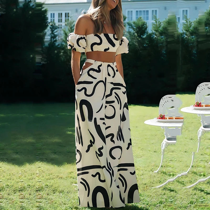 Two Piece Sets Fashion New Print Solid Color Puff Sleeve Zipper Breast Wrap Crop Top & Hollow Out Waist Big Hem Dress Suits Lady