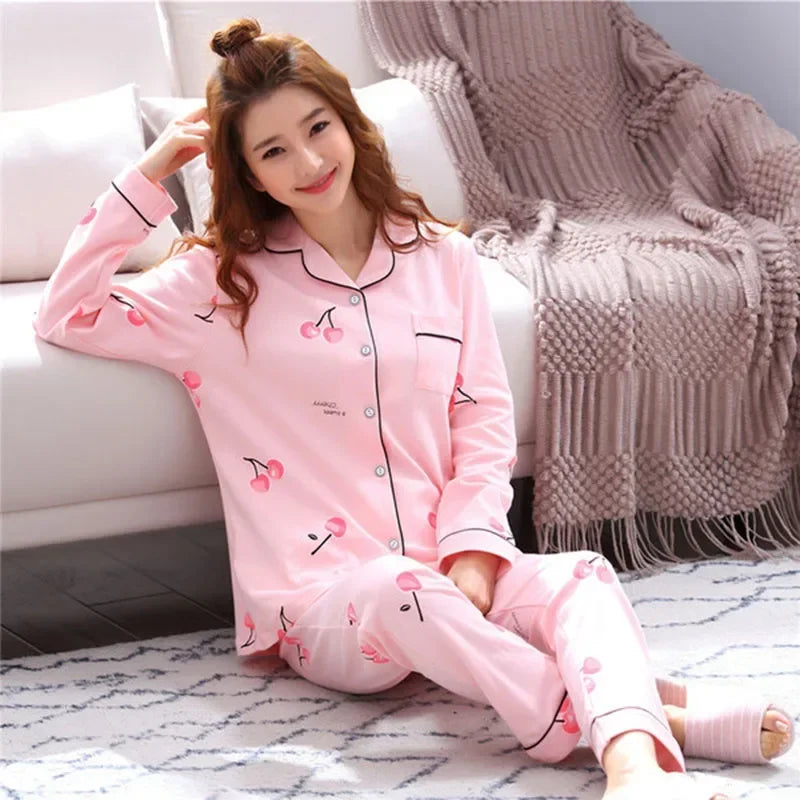 Four Seasons Women Pajamas Set with Lapel Top and Long Pants Checkered Striped Printed 2 Piece Set Ladies Nightwear Homewear