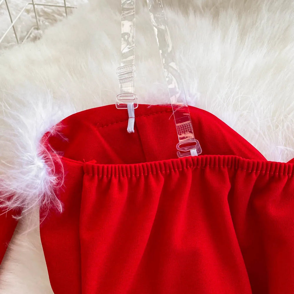 Foamlina Women's Christmas Dress Sexy Low-cut Waist Thin Big Pendulum Fluffy Splicing Suspender Tube Ling Dress Red