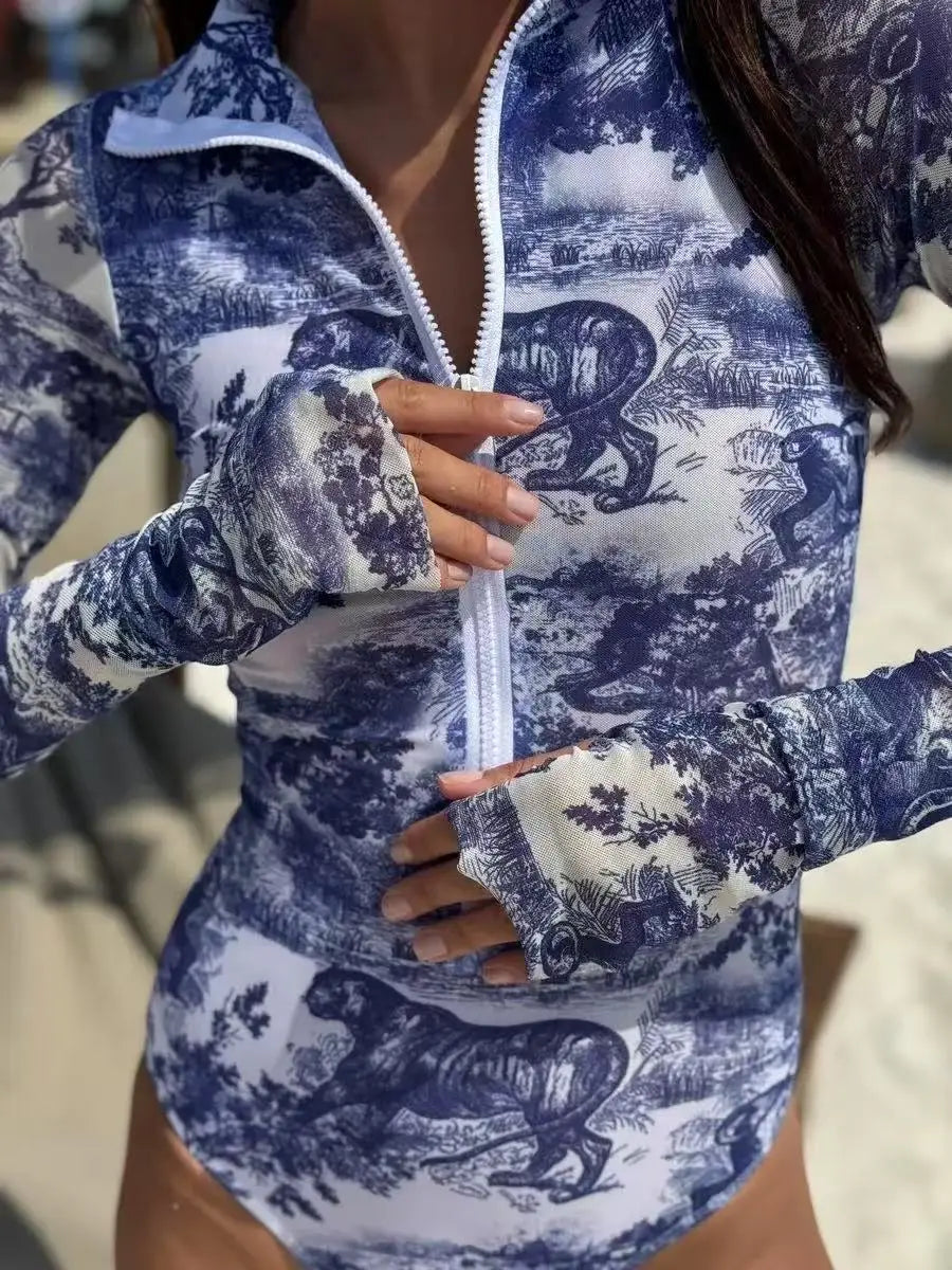 10 Colors UPF 35+ Retro Long Sleeve Swimwear Bodysuit High-end Mesh One Piece Swimsuit Women 2025 Sexy High Cut Bathing Suit