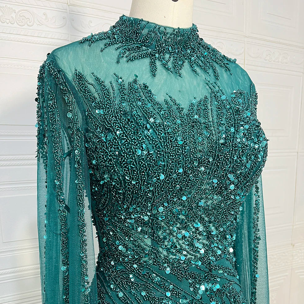 Luxury Mermaid Beaded Cape Sleeves High-Neck Evening Dresses Party Gowns for Women Wedding Customized