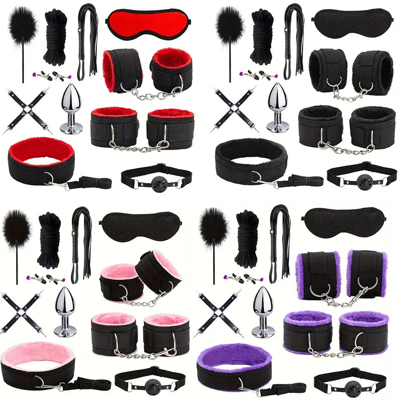 BDSM Bondage Kit for Women Adult Sex Toys Handcuffs, Restraints, Anal Toys, Mouth Gag, Whip, Nipple Clamps, Exotic Adult Games