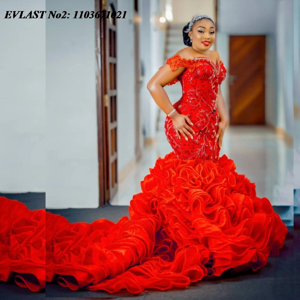 EVLAST Customized Luxury African Red Ruffles Prom Dress For Black Girls Applique Beading Formal Party Dress Evening Gown E2P79