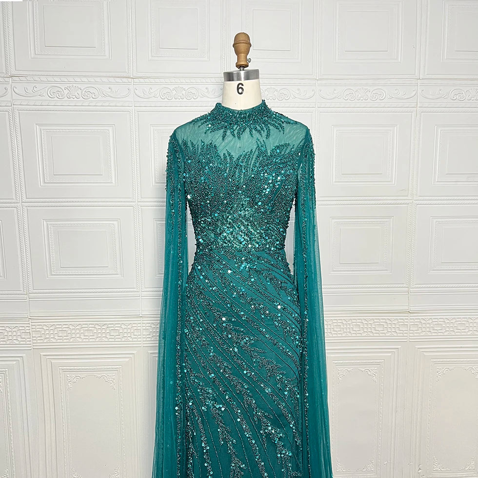 Luxury Mermaid Beaded Cape Sleeves High-Neck Evening Dresses Party Gowns for Women Wedding Customized