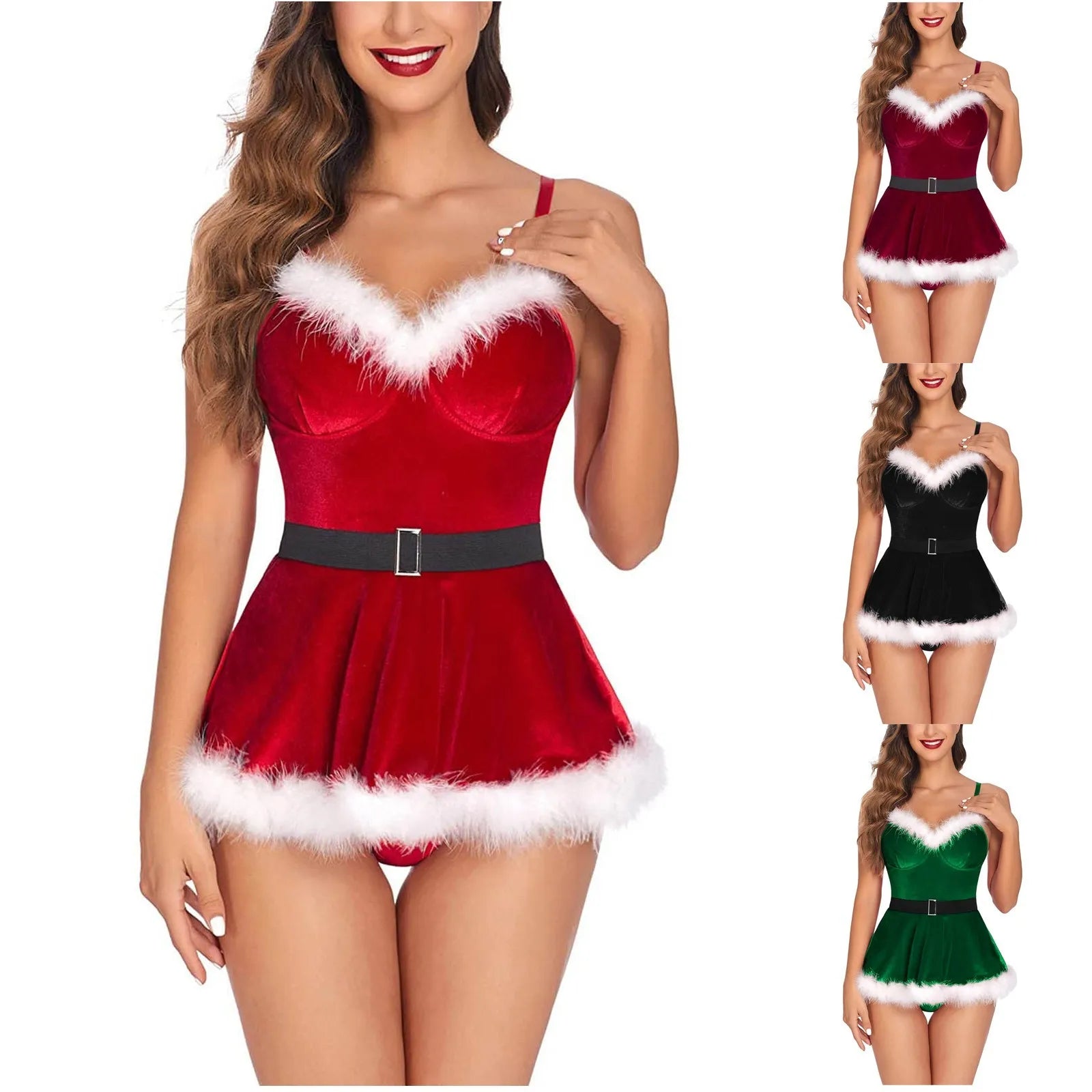 Women Christmas Costume Faux Fur Trim Red Flannel Underwired Bra Corset Sexy Bustier Cami Crop Tops Xmas Party Rave Dress Up