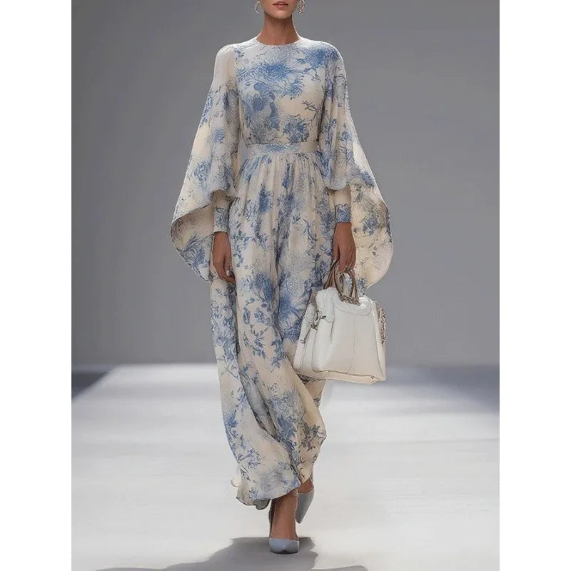 Tinaa Sky Blue Flower Print Long Dresses for Women New Loose Fit Batwing Sleeve O Neck Elegant Dress
