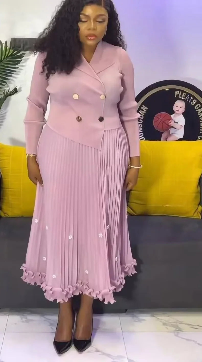 EGRM Miyake Pleated Long Dress Autumn Hot Sale Women's Double Breasted Waist Cinching Slimming High-end Stylish Versatile Skirt