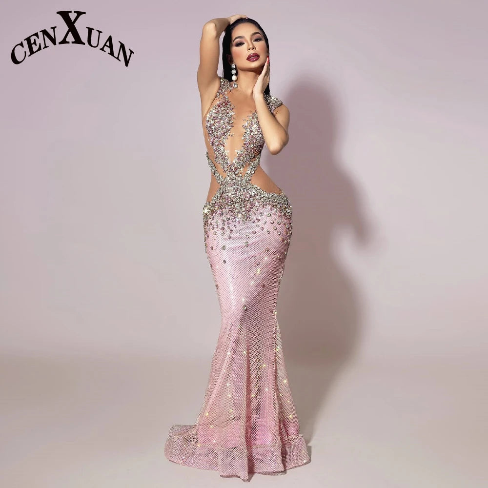 CENXUAN Saprkly Sleeveless O-neck Women's Evening Dress with Rhinestones Floor Length Tulle Vestidos De Gala Customized