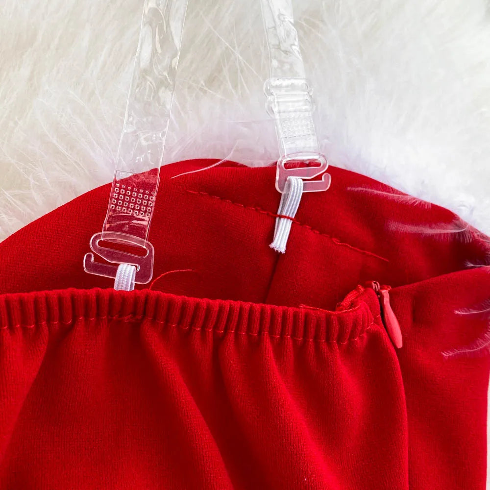 Foamlina Women's Christmas Dress Sexy Low-cut Waist Thin Big Pendulum Fluffy Splicing Suspender Tube Ling Dress Red