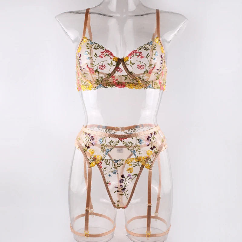 Sexy Women's Lace Lingerie 3Pcs Sets Fancy Flowers Embroidery Transparent Bras And Thongs Underwear Set Erotic Intimate Suits 
