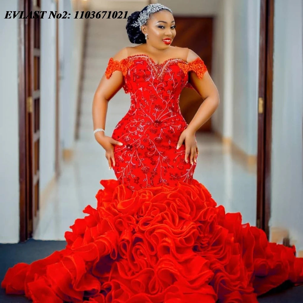 EVLAST Customized Luxury African Red Ruffles Prom Dress For Black Girls Applique Beading Formal Party Dress Evening Gown E2P79